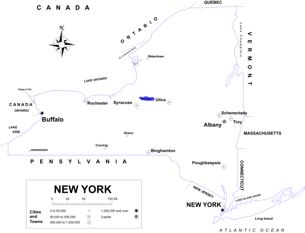 The image shows a stylized map of New York State with its borders highlighted against a dark background; there is no text present in this clip-art representation.