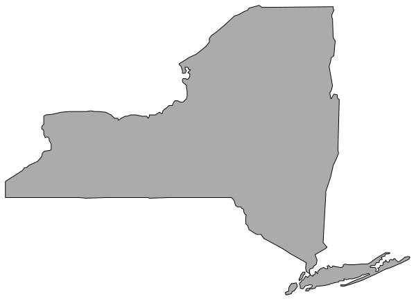 The image shows a map of New York state with an overlaid black silhouette that resembles a human figure in front of it.