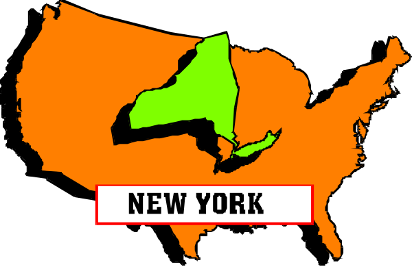 The image shows a stylized map of New York with an overlaid graphic that includes text "NEW YORK" in large white letters at top center, below which is another line reading "USA," followed by two smaller lines indicating states: one labeled 'New york' and the other showing part of neighboring state. The background features a darker shade on either side with an orange-reddish hue that fades into black towards bottom right corner where there are three small white stars, possibly representing cities or regions within New York State.