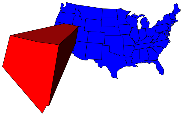 The image shows a map of the United States with two red triangles superimposed on it; there is no text present in this clip-art representation.