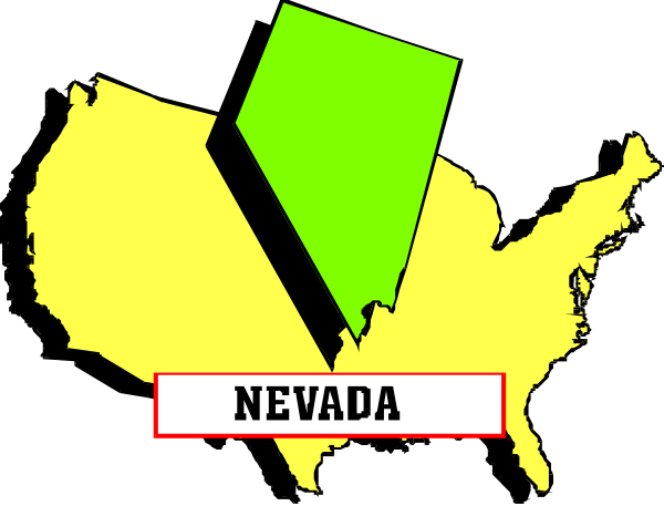 The image shows a stylized map of Nevada with its state abbreviation "NV" prominently displayed in white text on top right corner against black background; below it is an outline of United States, also outlined by red line and labeled as such at bottom left corner.