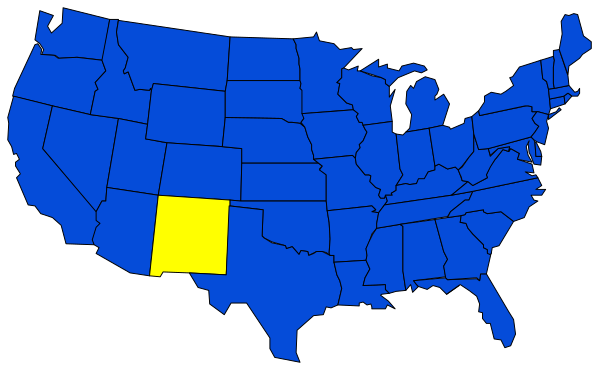The map shows a blue outline of all fifty states with their names written on them against a black background.