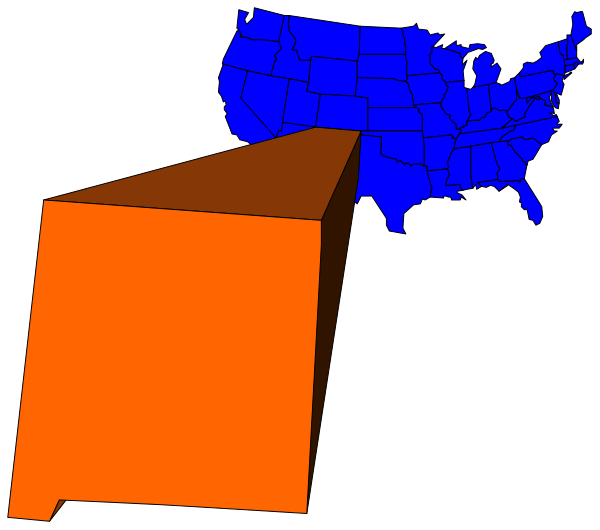 The image shows a map of the United States with an overlaid orange block on it that is labeled "ORANGE COUNTY."