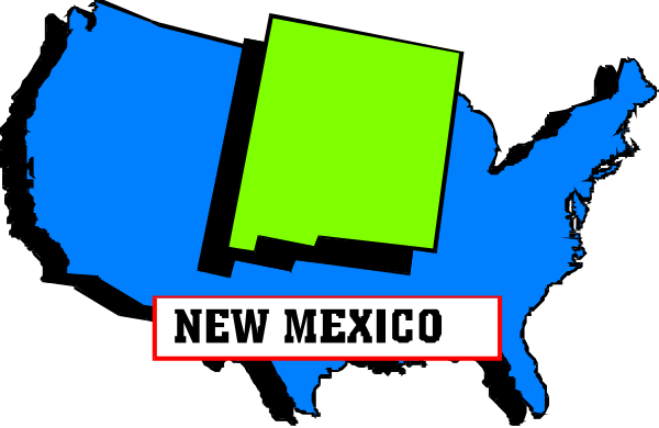 The image shows a stylized map of the United States with New Mexico highlighted at its center, surrounded by other states in various shades of blue on top of what appears to be an American flag background.