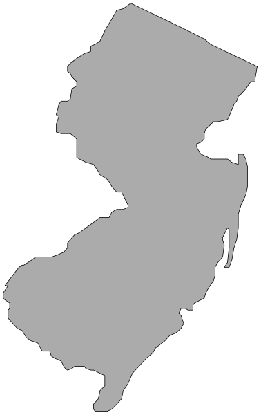 The image shows a black silhouette of New Jersey on a white background with an overlay that appears to be a map section showing part of Pennsylvania in grey tones next to it.