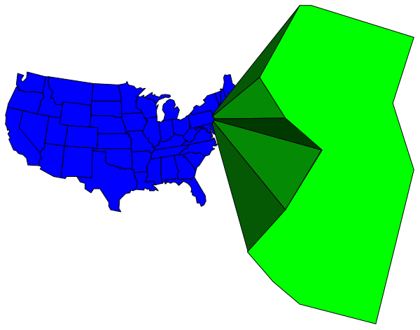 The image shows a map of the United States with two overlapping shapes: an irregular blue shape that resembles part of North America on one side, partially obscured by another greenish-blue shape which appears to be incomplete and does not form any recognizable object or landmass.