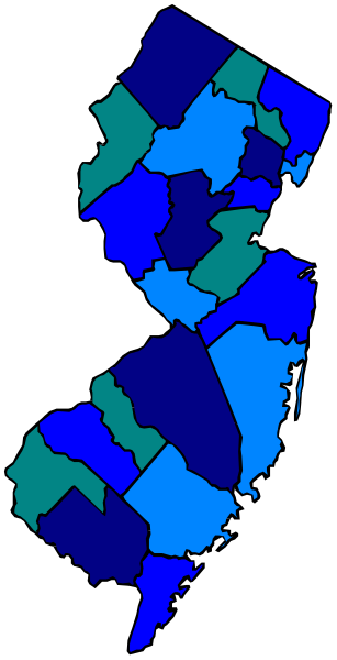 The image shows a stylized map of New Jersey with various shades indicating different areas' population density; it is presented in grayscale tones against a dark background.