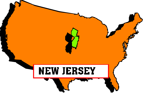 The image shows a stylized map of New Jersey with an orange background within which is superimposed text that reads "NEW JERSEY" in large white letters at the bottom center.