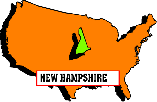 The image shows a stylized map of New Hampshire with an orange background featuring text that reads "NEW HAMPSHIRE" in white letters at its center.