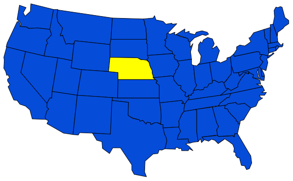 The map shows a blue state with an orange highlight on it within the United States of America.