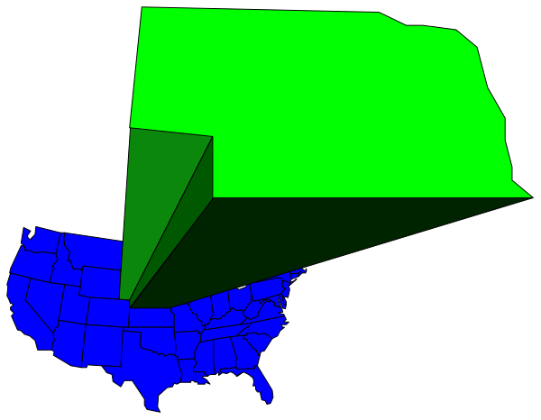The image shows a map of North America with Alaska highlighted by green coloring on top left corner; below it is an overlaid 3D cube in blue that appears to be floating above the landmasses, suggesting some sort of conceptual relationship between them or perhaps symbolizing data visualization. There are no people, animals, actions, or specific setting depicted within this image. The focus seems to be on a comparison or correlation between geographical regions and abstract geometric shapes.