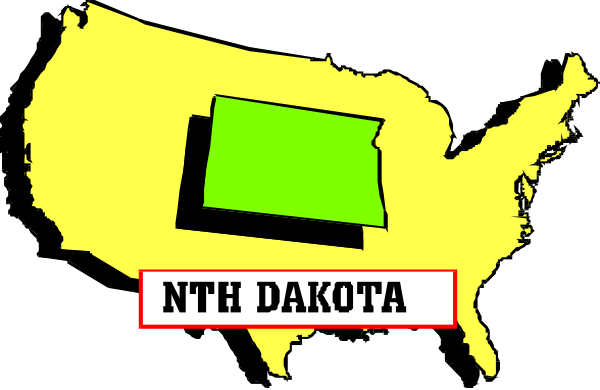 The image shows a stylized map of North Dakota with text indicating it is "North Daka."