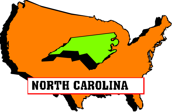 The image shows a stylized map of North Carolina with an orange outline highlighting its borders within the United States.