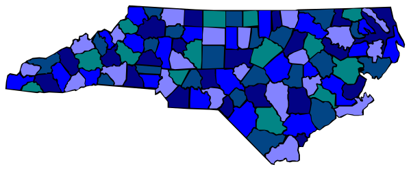 The image shows a stylized map of North America with various states highlighted by different colored polygons on top of it against a dark background.