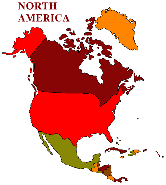 The map shows a stylized representation of North America with different colored regions indicating various levels of risk for COVID-19 transmission: red indicates high risk; yellow medium to moderate risk; green low risk; blue very low risk, and white no data available or not applicable.