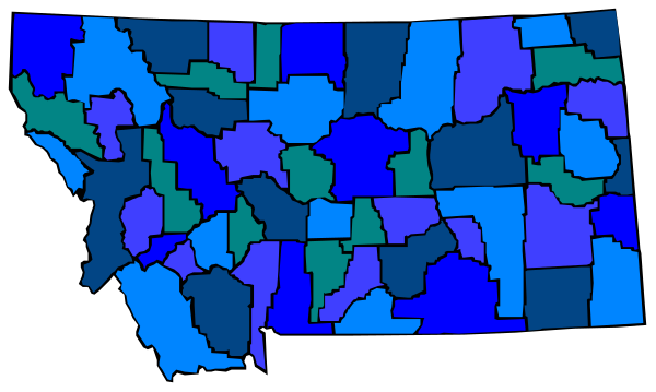 The image shows a map of Alaska with various regions highlighted by different colored shades representing some form of data such as population density or election results; it is stylized in a simplified manner typical for clip-art maps, and there's no text present to provide additional context about the specific nature of the highlights.