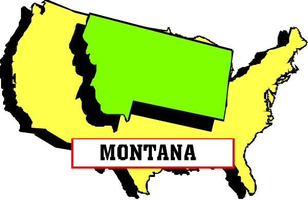 The image shows a stylized map of Montana with its state abbreviation "MT" prominently displayed in white text on top right corner against black background.
