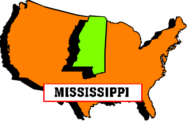 The map shows a section of the United States with highlighted states: Alabama (AL), Mississippi (MS) labeled as "Mississippi," Louisiana (LA), Arkansas (AR).
