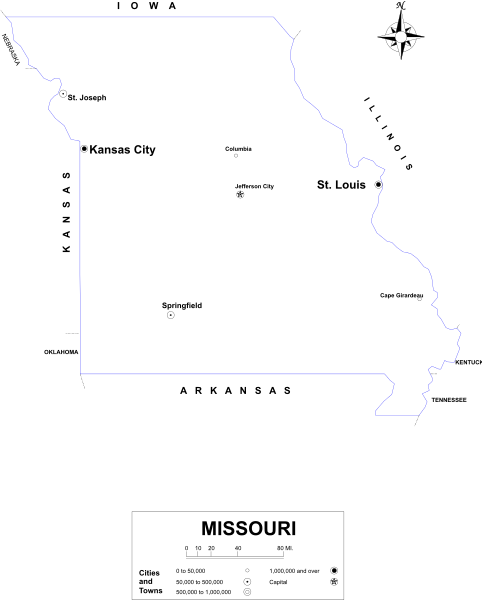 The image shows a stylized map of Missouri with two white dots on it against a black background.