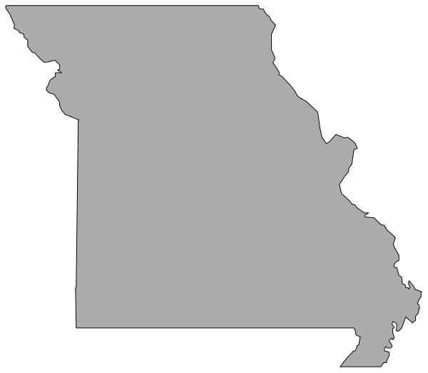 The image shows a stylized map of Missouri with its borders outlined against a black background.