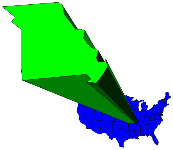 The image shows a map of North America with highlighted areas: Alaska (green), Canada (blue) including Quebec province (dark blue), United States states in shades of red-orange, Mexico's Baja California peninsula and Yucatan region (light green).