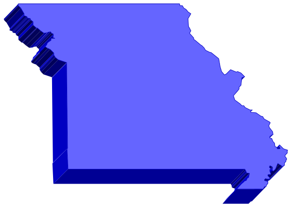 The image shows a stylized map of Missouri with blue borders against a white background.
