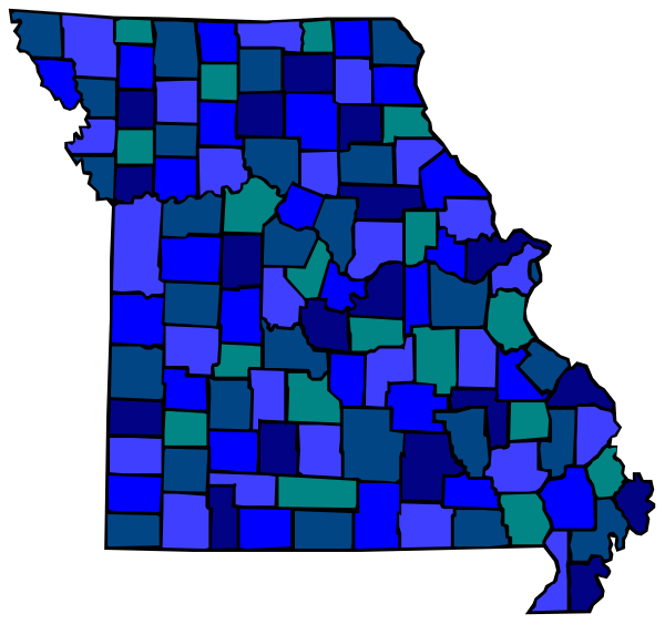 The image shows a stylized map of Missouri with counties colored blue against a black background.