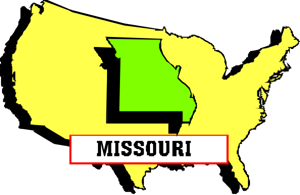 The image shows a stylized map of Missouri with its state abbreviation "MO" highlighted on it against an American flag background in black-and-white tones.