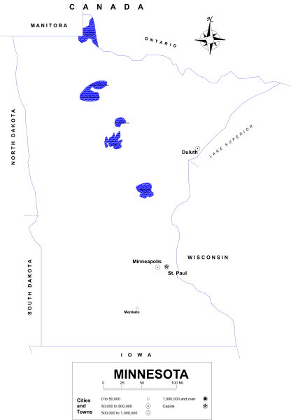 The image shows a stylized map of Minnesota with highlighted areas marked by blue dots on top of it against a black background.