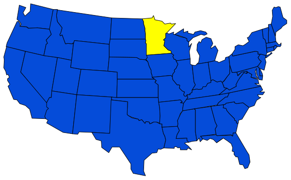 The map shows a blue state with yellow text indicating "Wisconsin" within it, surrounded by other states of varying shades in gray tones on a black background.