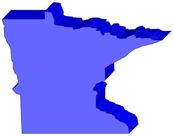 The image shows a stylized map of Minnesota with blue shading on part of it against a dark background.