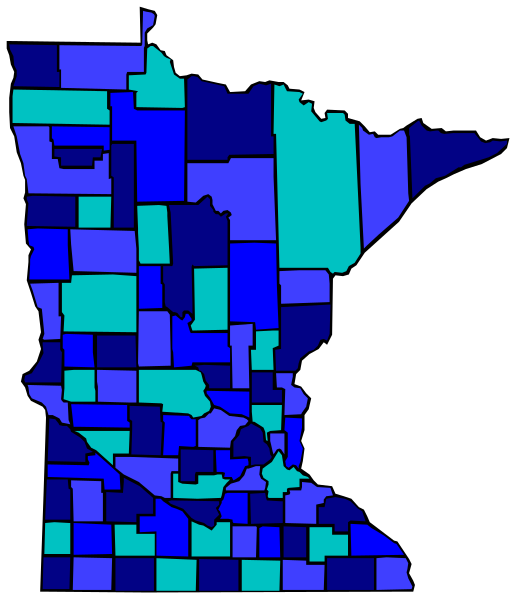 The image shows a stylized map of Minnesota with counties colored blue overlaid on top of an outline that represents the state's borders in purple.