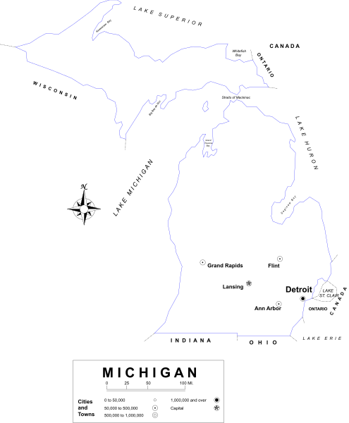 The image shows a stylized map of Michigan with an outline indicating its borders against a dark background; there is also a compass rose at one corner to indicate directionality within the state's boundaries.