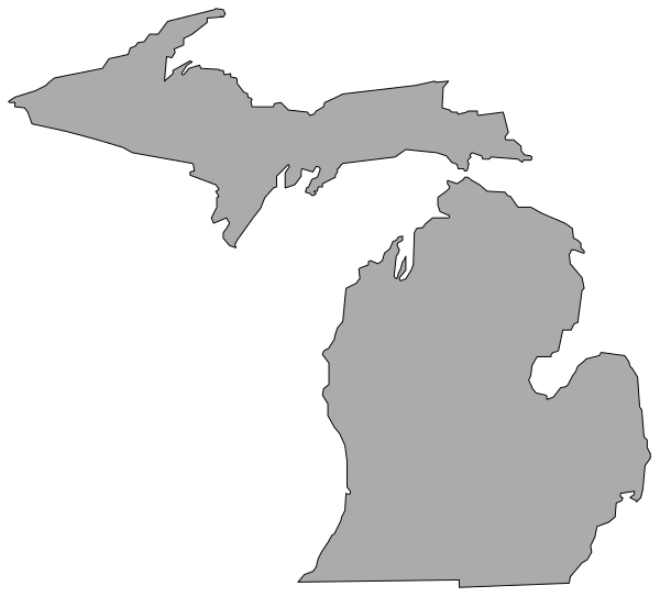 The map shows a stylized representation of Michigan with its borders outlined against a black background.