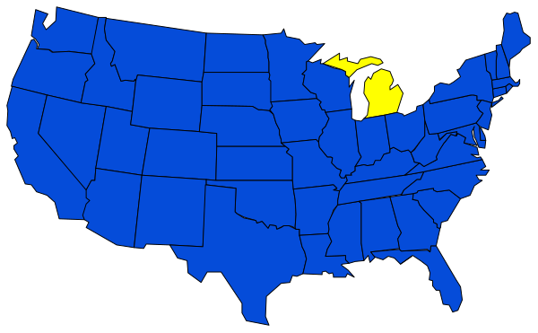 The map shows a blue state with an area highlighted by yellow within it; there is no text present on this portion of the image to provide additional context about what might be represented in that specific region.