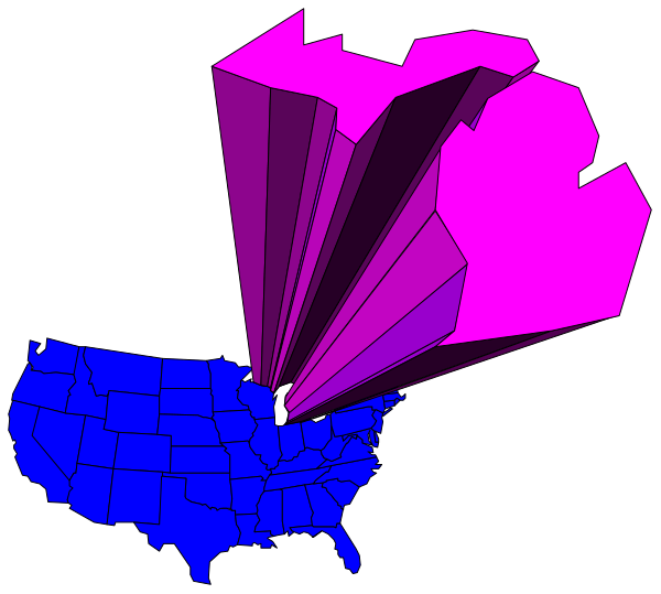 The image shows a map of North America with an overlay that includes three pink shapes resembling ice cream cones positioned above different regions: one in Canada labeled "Canada," another covering parts of Africa, and a third encompassing Europe; there is also a purple shape on the right side.