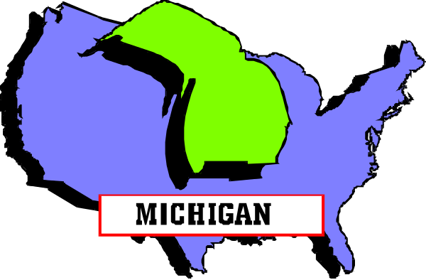 The image shows a stylized graphic of Michigan with its outline highlighted by green coloring inside an oval shape on top of it.