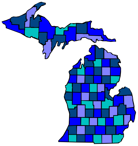 The map shows a stylized representation of Michigan with blue shading indicating areas that have been checked off on an overlay grid pattern.
