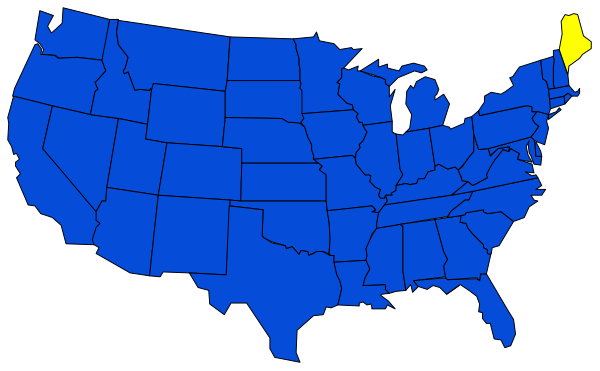 The map shows a blue United States with states highlighted by color; it's overlaid on black background.