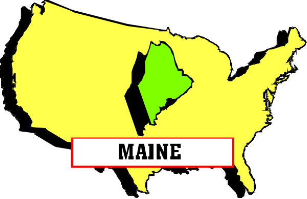 The image shows a map of Maine with its borders highlighted against an American flag background.