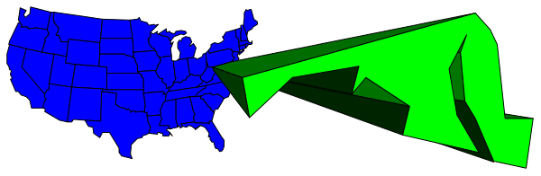 The image shows a map of the United States with two states highlighted: California is blue while another state appears to be green but its identity isn't clear due to distortion effects applied by an overlaid, abstract shape that resembles a pair of scissors or hands in motion on top.