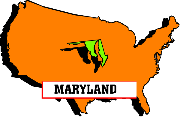 The image shows a stylized map of Maryland with an orange background featuring text that reads "MARYLAND" in large white letters at its center.