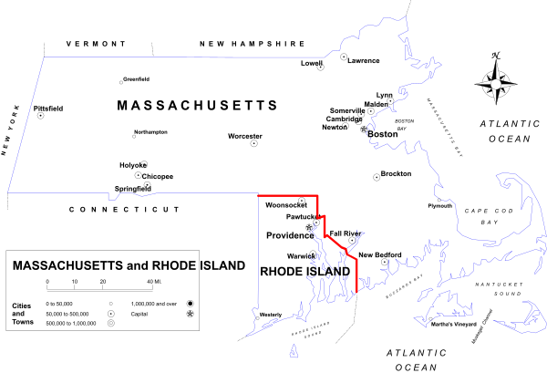 The image shows a map with red lines indicating travel routes between locations labeled as "New York" at top left corner of Canada to various points in New England including Maine, Massachusetts, Rhode Island, Connecticut, and Vermont; there is also an arrow pointing towards Boston from Montreal on the Quebec-Vermont border.