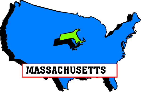 The image shows a stylized map of Massachusetts with its location highlighted within the United States on a dark background.