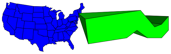The image shows a map of the United States with two states highlighted: California is blue, while Florida appears to be greenish-yellow; there's also an overlaid graphic that looks like it could represent water and land masses in red and black tones on top of this background.
