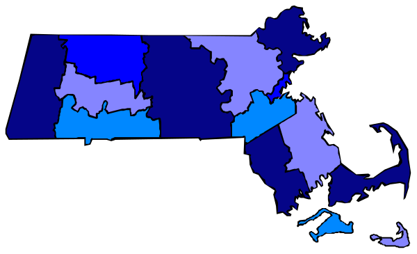 The image shows a map of New York State with various counties highlighted in blue shades against a dark background; it is stylized as clip-art.