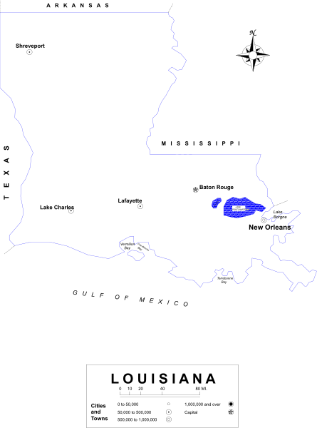 The image shows a map of Louisiana with an overlaid blue line indicating some sort of route or boundary through it.