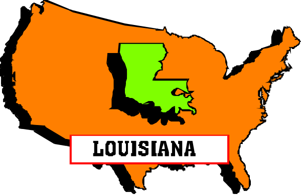 The image shows a stylized map of Louisiana with an overlay that includes text indicating it is part of the United States; there's also a small graphic resembling a state flag in one corner, and below this symbol, "LOUISIANA" written prominently.