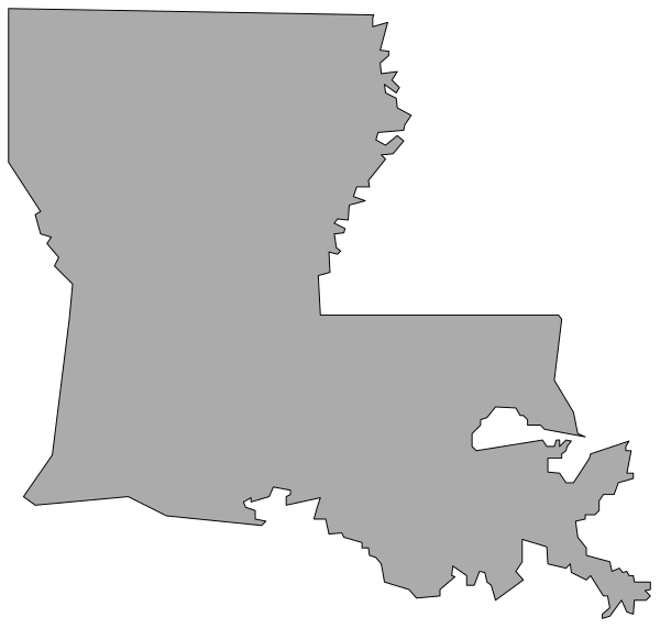 The map shows a stylized representation of Louisiana with its state outline filled in black against a white background; it is overlaid on top of an image that appears to be a satellite view showing parts of Texas and possibly other states, as indicated by their outlines but not names or labels.