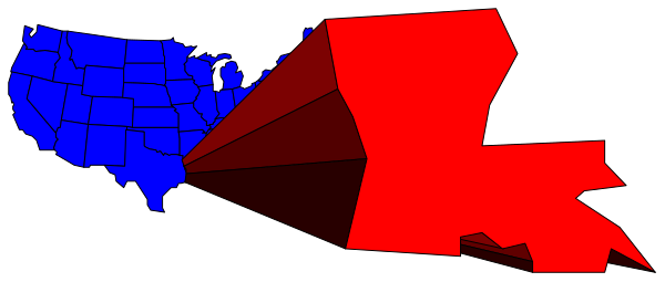 The image shows a stylized political map of the United States with two states highlighted: red for "red" (Republican) counties and blue for "blue" (Democratic).